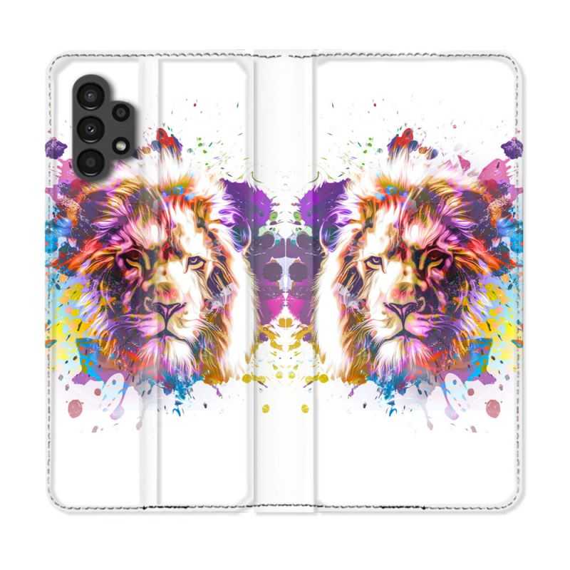 Housse Cuir Portefeuille pour Samsung Galaxy A13 4G Animal Lion Tag