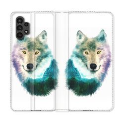 Housse Cuir Portefeuille pour Samsung Galaxy A13 4G Animal Loup Montagne