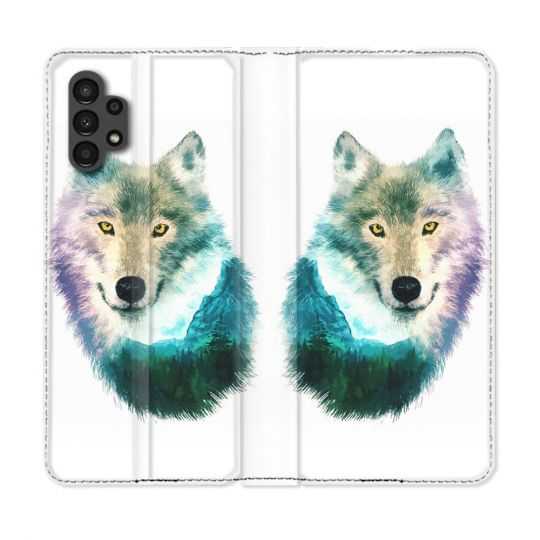 Housse Cuir Portefeuille pour Samsung Galaxy A13 4G Animal Loup Montagne