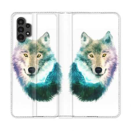 Housse Cuir Portefeuille pour Samsung Galaxy A13 4G Animal Loup Montagne