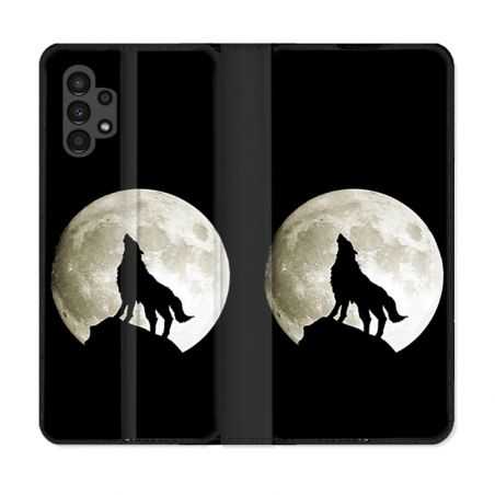 Housse Cuir Portefeuille pour Samsung Galaxy A13 4G Animal Loup Noir
