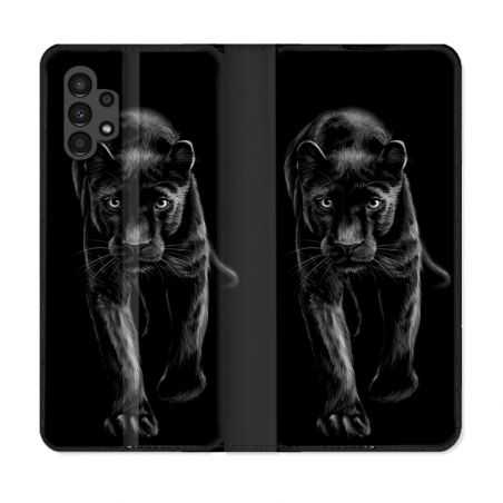 Housse Cuir Portefeuille pour Samsung Galaxy A13 4G Animal Panthère Noire