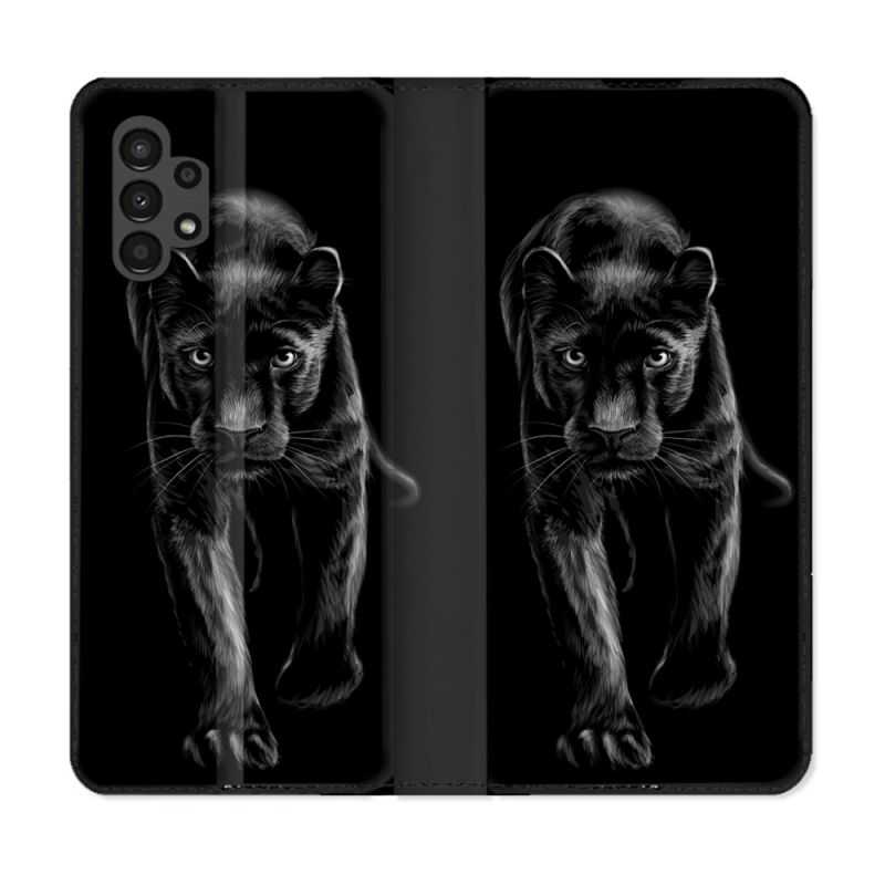 Housse Cuir Portefeuille pour Samsung Galaxy A13 4G Animal Panthère Noire