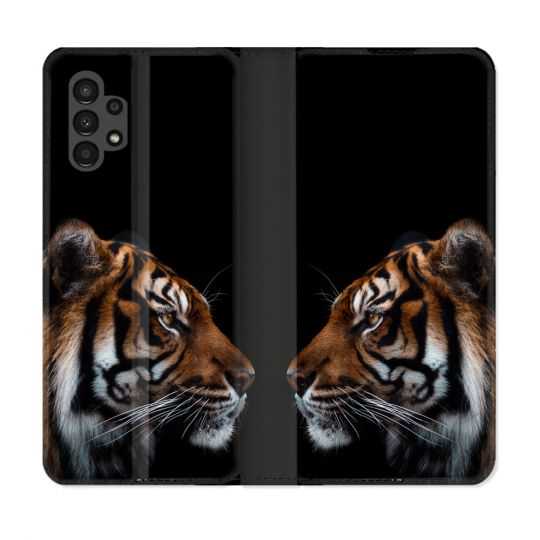 Housse Cuir Portefeuille pour Samsung Galaxy A13 4G Animal Tigre Noir