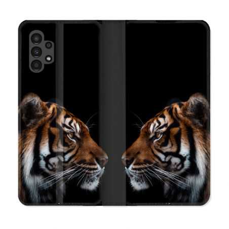 Housse Cuir Portefeuille pour Samsung Galaxy A13 4G Animal Tigre Noir