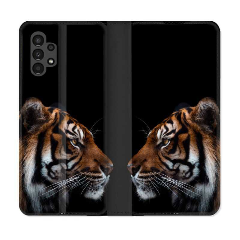 Housse Cuir Portefeuille pour Samsung Galaxy A13 4G Animal Tigre Noir