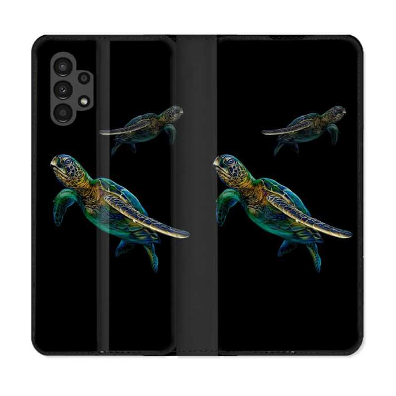 Housse Cuir Portefeuille pour Samsung Galaxy A13 4G Animal Tortue Noire multicolore