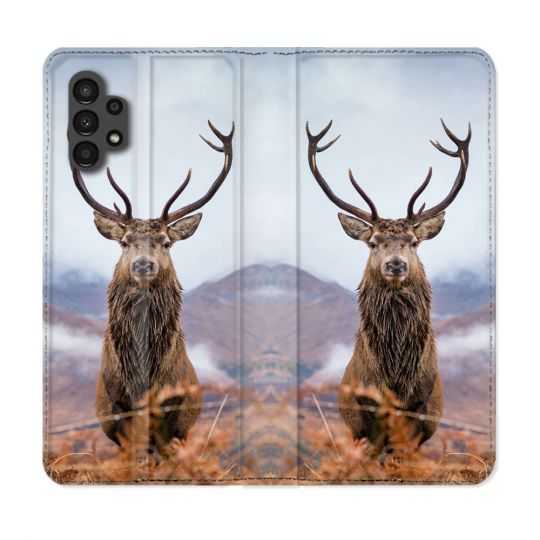 Housse Cuir Portefeuille pour Samsung Galaxy A13 4G Chasse Chevreuil Montagne