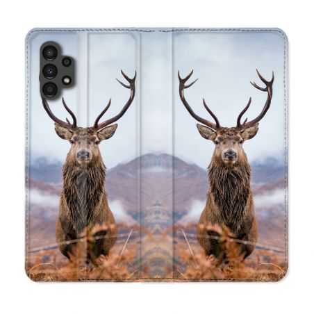 Housse Cuir Portefeuille pour Samsung Galaxy A13 4G Chasse Chevreuil Montagne