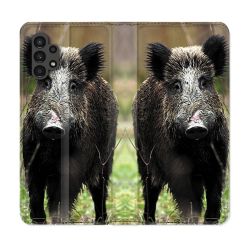 Housse Cuir Portefeuille pour Samsung Galaxy A13 4G Chasse Sanglier bois