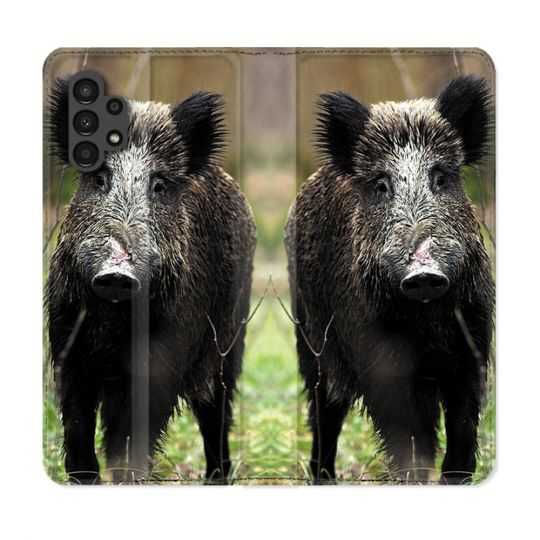 Housse Cuir Portefeuille pour Samsung Galaxy A13 4G Chasse Sanglier bois