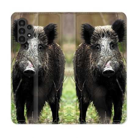 Housse Cuir Portefeuille pour Samsung Galaxy A13 4G Chasse Sanglier bois