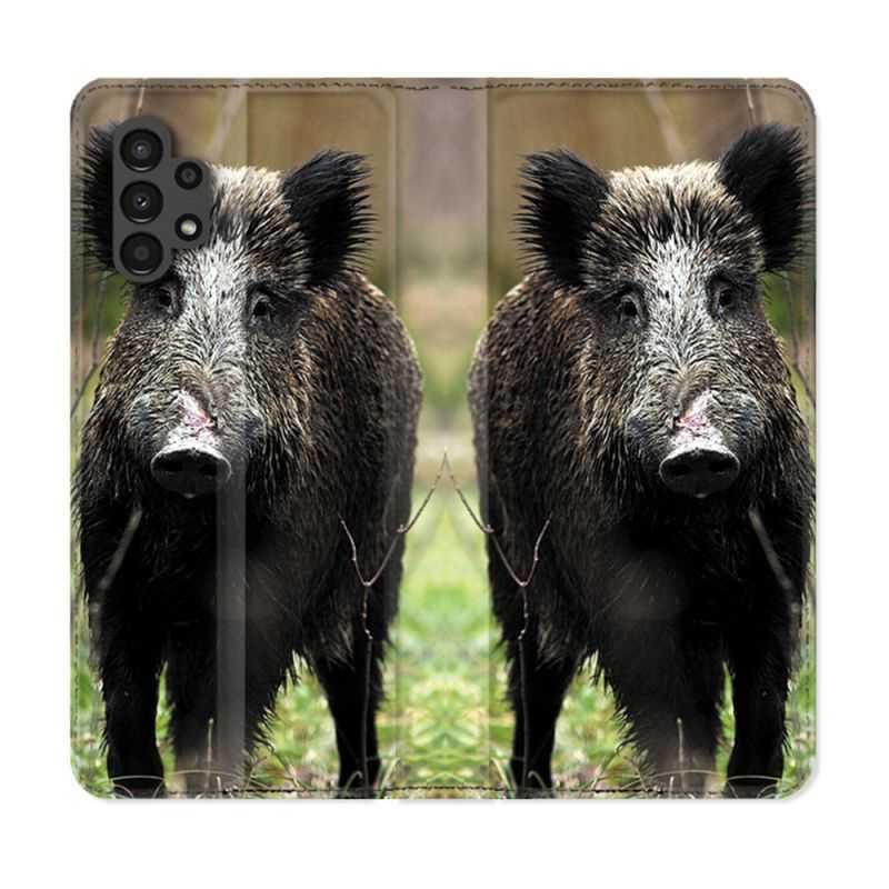 Housse Cuir Portefeuille pour Samsung Galaxy A13 4G Chasse Sanglier bois