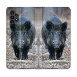 Housse Cuir Portefeuille pour Samsung Galaxy A13 4G Chasse Sanglier Pin