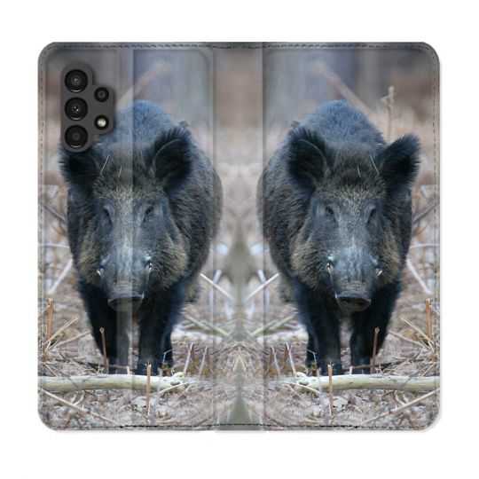 Housse Cuir Portefeuille pour Samsung Galaxy A13 4G Chasse Sanglier Pin