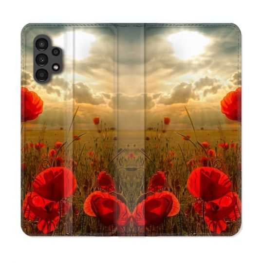 Housse Cuir Portefeuille pour Samsung Galaxy A13 4G Fleur Coquelicot