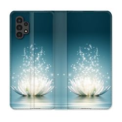 Housse Cuir Portefeuille pour Samsung Galaxy A13 4G Fleur Lotus Blanc