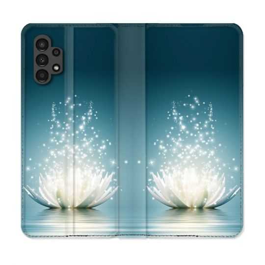 Housse Cuir Portefeuille pour Samsung Galaxy A13 4G Fleur Lotus Blanc