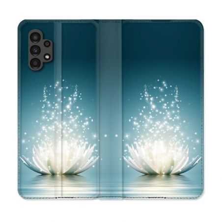 Housse Cuir Portefeuille pour Samsung Galaxy A13 4G Fleur Lotus Blanc