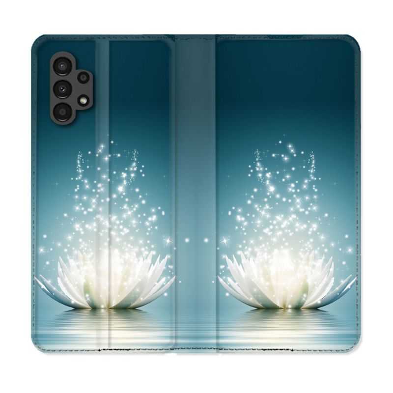 Housse Cuir Portefeuille pour Samsung Galaxy A13 4G Fleur Lotus Blanc