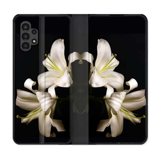 Housse Cuir Portefeuille pour Samsung Galaxy A13 4G Fleur Lys Noir