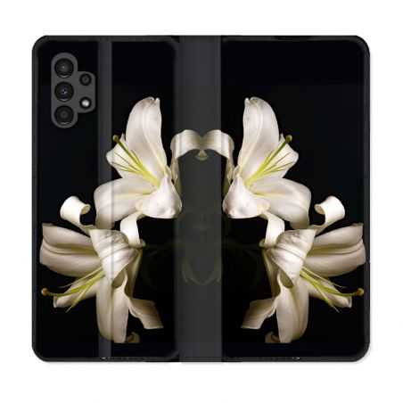 Housse Cuir Portefeuille pour Samsung Galaxy A13 4G Fleur Lys Noir