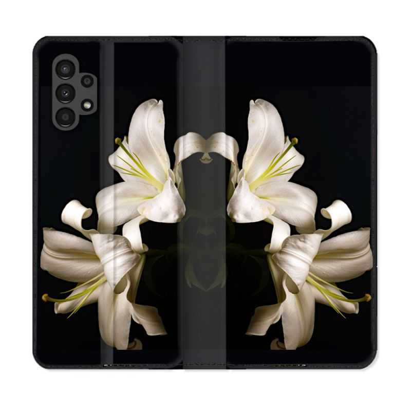 Housse Cuir Portefeuille pour Samsung Galaxy A13 4G Fleur Lys Noir