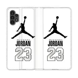 Housse Cuir Portefeuille pour Samsung Galaxy A13 4G Jordan 23 Blanc