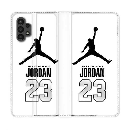 Housse Cuir Portefeuille pour Samsung Galaxy A13 4G Jordan 23 Blanc