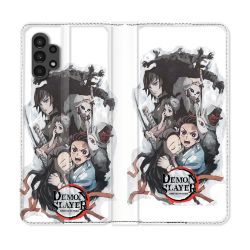Housse Cuir Portefeuille pour Samsung Galaxy A13 4G Manga Demon Slayer Blanc