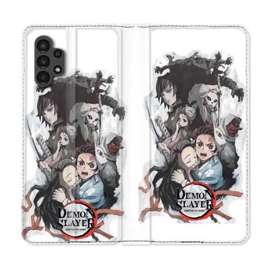Housse Cuir Portefeuille pour Samsung Galaxy A13 4G Manga Demon Slayer Blanc