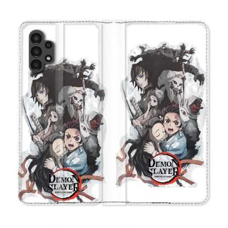 Housse Cuir Portefeuille pour Samsung Galaxy A13 4G Manga Demon Slayer Blanc
