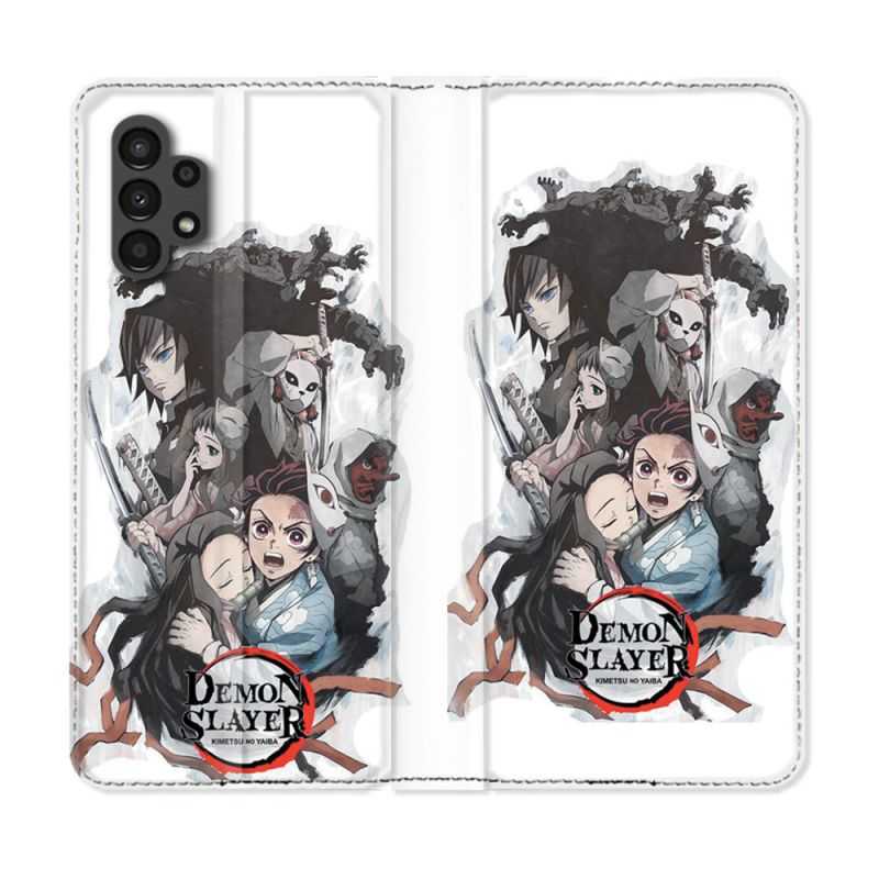 Housse Cuir Portefeuille pour Samsung Galaxy A13 4G Manga Demon Slayer Blanc