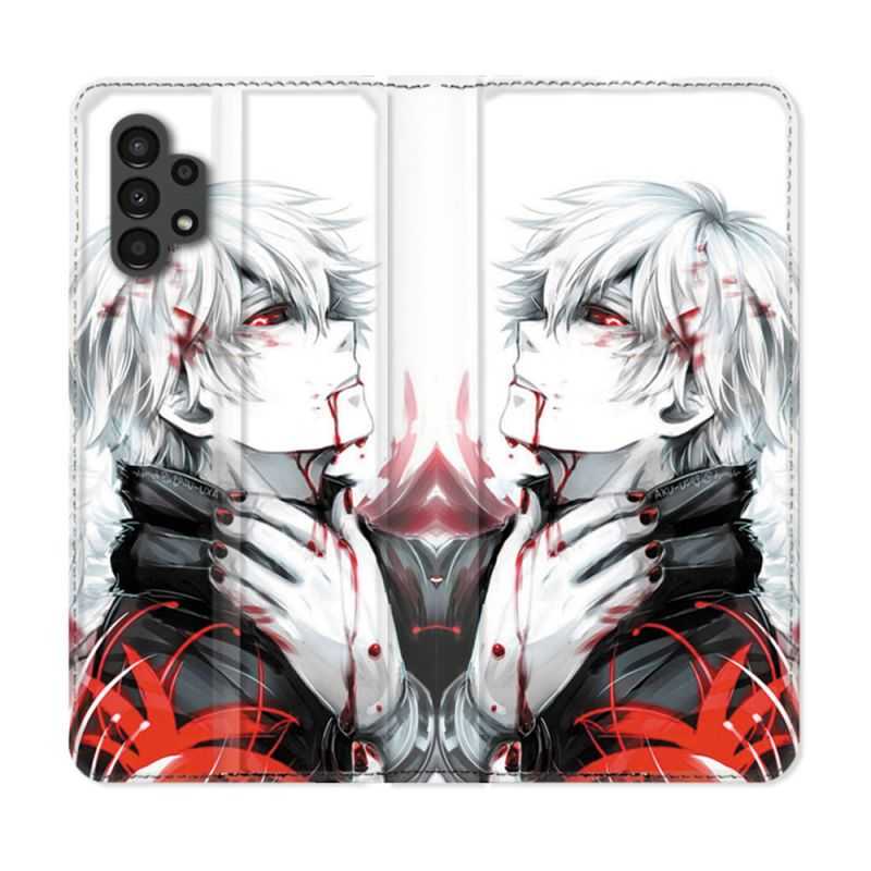 Housse Cuir Portefeuille pour Samsung Galaxy A13 4G Manga Tokyo Ghoul Kaneki Blanc