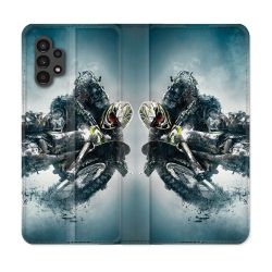 Housse Cuir Portefeuille pour Samsung Galaxy A13 4G Moto Cross Ombre
