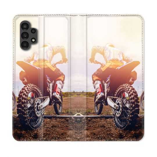 Housse Cuir Portefeuille pour Samsung Galaxy A13 4G Moto Cross Soleil