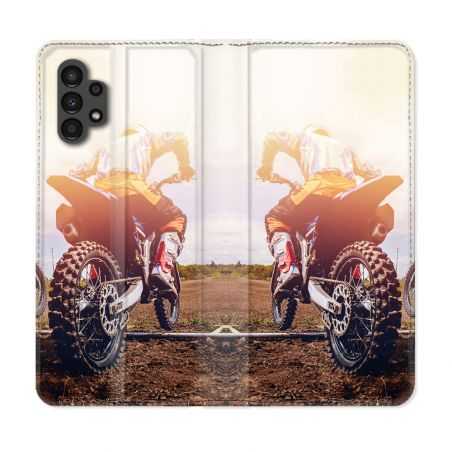 Housse Cuir Portefeuille pour Samsung Galaxy A13 4G Moto Cross Soleil