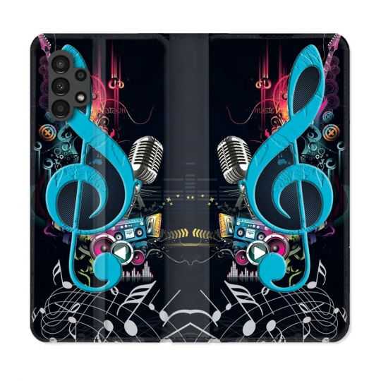 Housse Cuir Portefeuille pour Samsung Galaxy A13 4G Musique Cle Sol Bleu