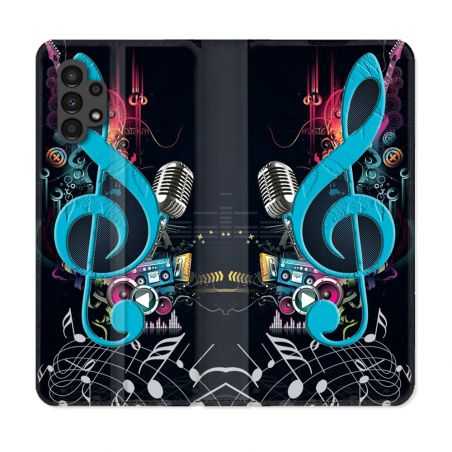 Housse Cuir Portefeuille pour Samsung Galaxy A13 4G Musique Cle Sol Bleu