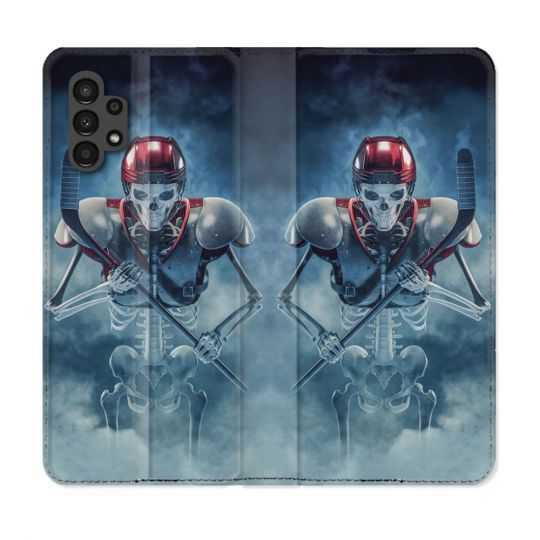 Housse Cuir Portefeuille pour Samsung Galaxy A13 4G Sport Hockey Squelette