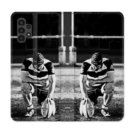 Housse Cuir Portefeuille pour Samsung Galaxy A13 4G Sport Rugby Noir Blanc