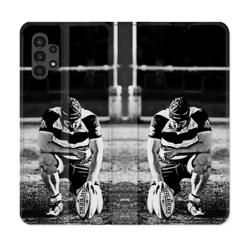 Housse Cuir Portefeuille pour Samsung Galaxy A13 4G Sport Rugby Noir Blanc