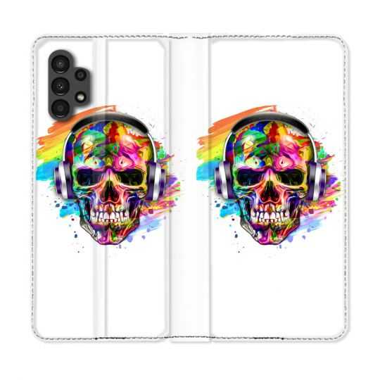 Housse Cuir Portefeuille pour Samsung Galaxy A13 4G Tete de Mort Tag