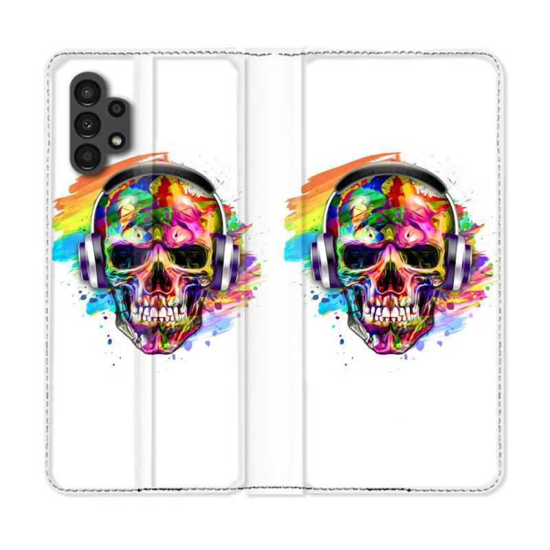 Housse Cuir Portefeuille pour Samsung Galaxy A13 4G Tete de Mort Tag