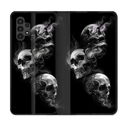 Housse Cuir Portefeuille pour Samsung Galaxy A13 4G Tete de Mort Triple