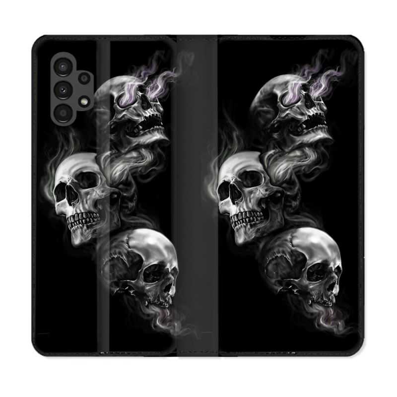 Housse Cuir Portefeuille pour Samsung Galaxy A13 4G Tete de Mort Triple