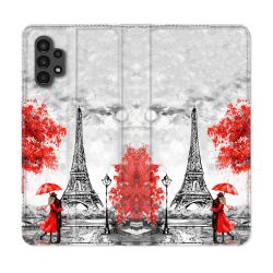Housse Cuir Portefeuille pour Samsung Galaxy A13 4G Voyage France Paris Rouge