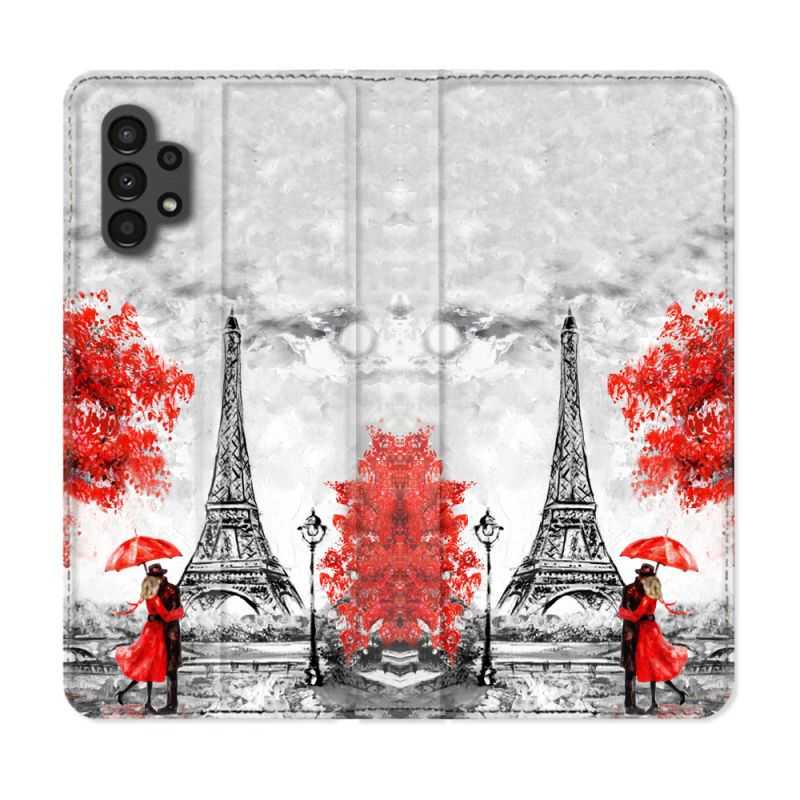 Housse Cuir Portefeuille pour Samsung Galaxy A13 4G Voyage France Paris Rouge