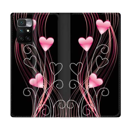 Housse Cuir Portefeuille Pour Xiaomi Redmi 10 Amour Coeur Rose Montant sur Noir