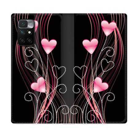 Housse Cuir Portefeuille Pour Xiaomi Redmi 10 Amour Coeur Rose Montant sur Noir